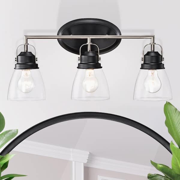 20.75 in. 3-Light Black and Brushed Nickel Vanity Light with Clear Glass Shades