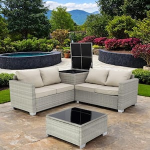 4-Piece Patio Wicker Sectional Sofa Set with Field Gray Cushions, Storage Box and Glass Coffee Table