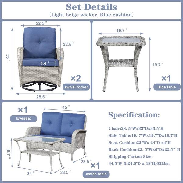 5-Pieces Flat armrest series Wicker Patio Conversation Deep Seating Set with Swivel Rocking Chairs and Cushions