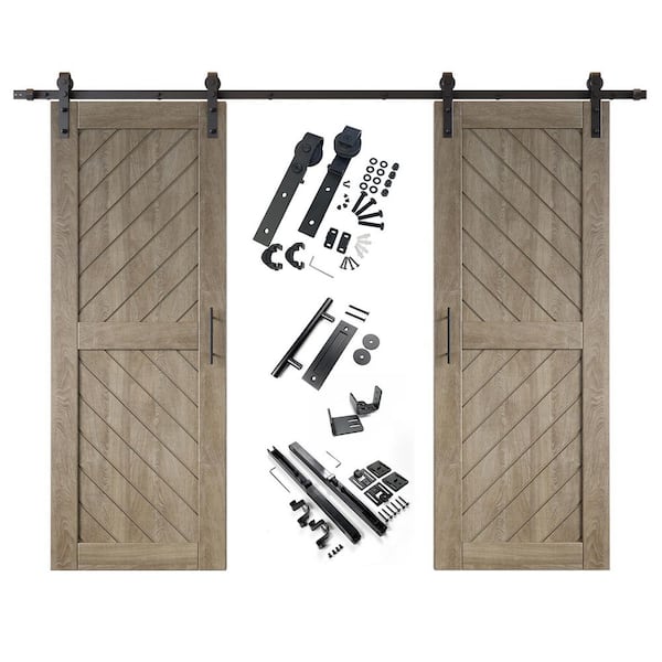 XT3 26 in. x 80 in. C-Panel Classic Gray Slanted Stripe Design Double Pine Wood Sliding Barn Door with Hardware Kit