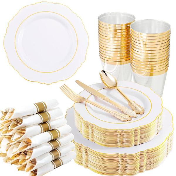 White 350-Piece Disposable and Gold Plastic Dinnerware Set with Plates, Napkins, Cutlery, and Cups Set