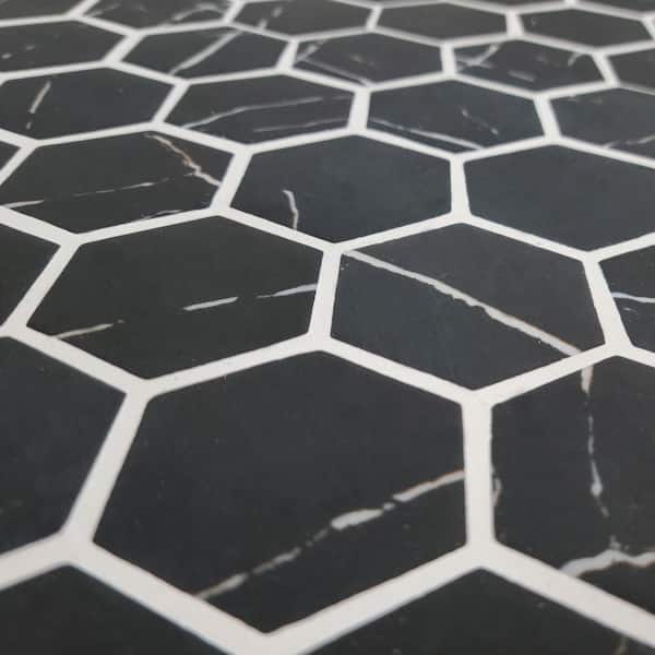 Black Marquina hexagon 6x6 in. Mosaic tile. Recycled glass marble looks floor and wall tile
