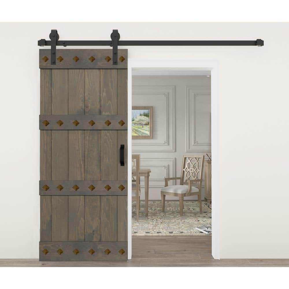 Smoky Gray Solid Wood 36" x 84" Barn Door Kit with Matte Black Hardware