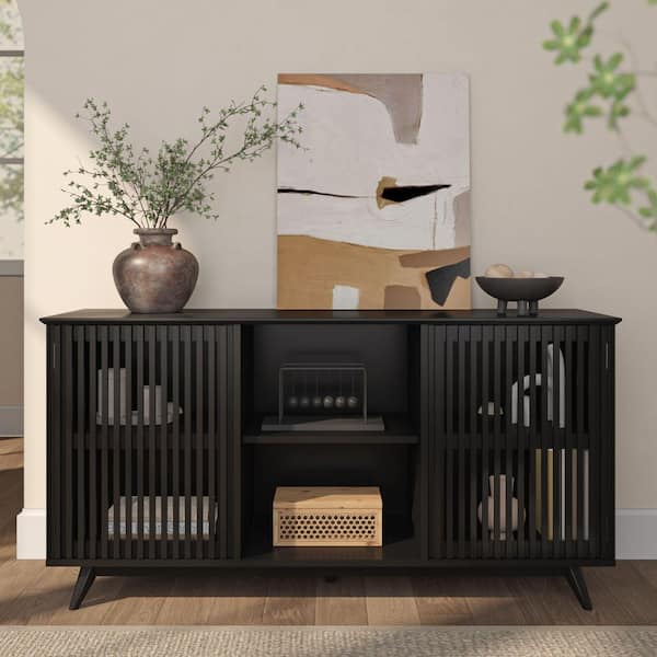 Mid-Century Modern Black Wood 59 in. Sideboard Buffet with 2 Slatted Doors