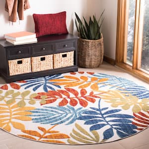 Cabana Cream/Red 5 ft. x 5 ft. Round Abstract Palm Leaf Indoor/Outdoor Area Rug