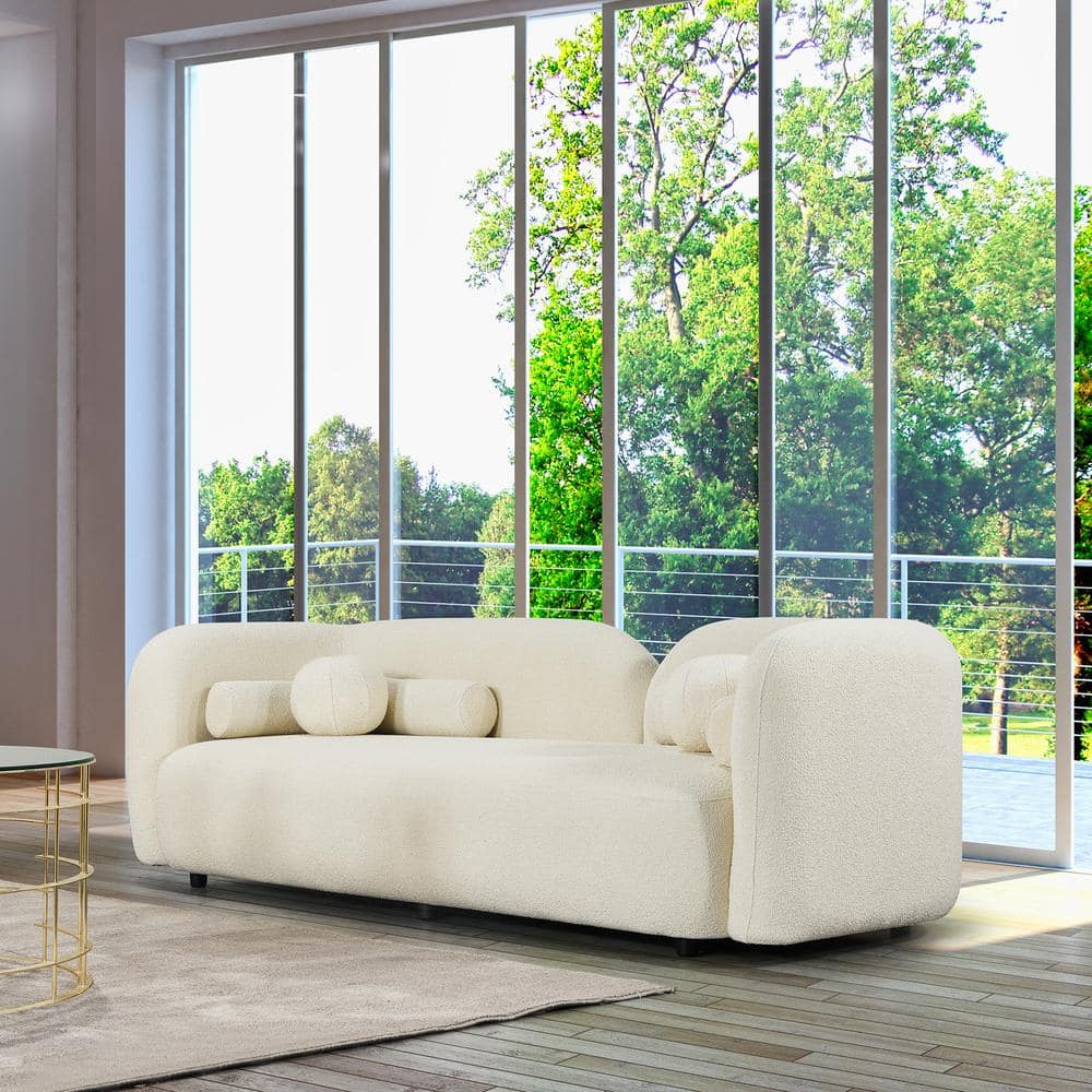 Donna Ivory Boucle Fabric Round Arm Sofa with Solid Wood Frame