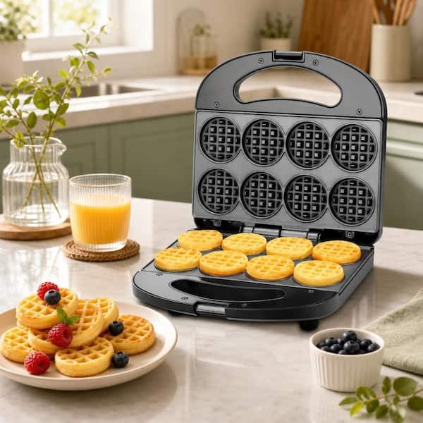 Wudkey 750-Watt 8-Waffle Black Non-Stick Mini Iron American Waffle Maker Machine for Kids Breakfast, Snack, Desserts w/ Brush