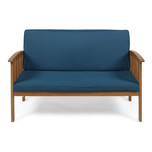 Brown Wood Outdoor Couch with Teal Cushions