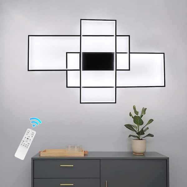 3-Lights Black Modern Rectangle Dimmable LED Wall Sconce with Remote Included for Living Dining Room Kitchen Hallway