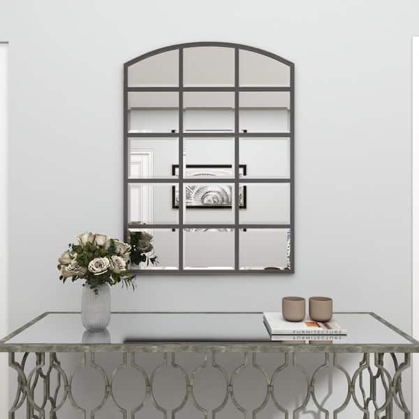 Litton Lane 40 in. x 30 in. Window Pane Inspired Arched Framed Dark Gray Wall Mirror with Arched Top