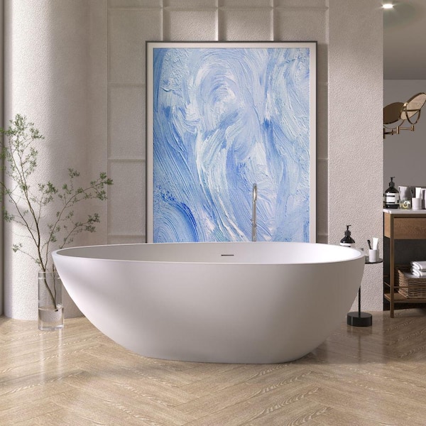 70 in. Stone Resin Flatbottom Solid Surface Freestanding Soaking Bathtub with Brass Drain in White