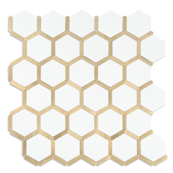 Yipscazo Hexagon White with Gold 11.9 in. x 11.9 in. PVC Peel and Stick ...