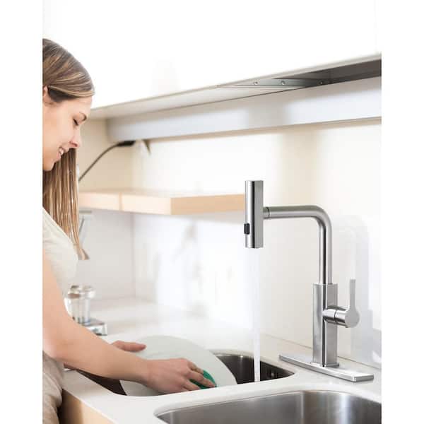 Single Handle 3-Mode Waterfall Pull Down Sprayer Kitchen Faucet with Deckplate and Supply Lines in Brushed Nickel