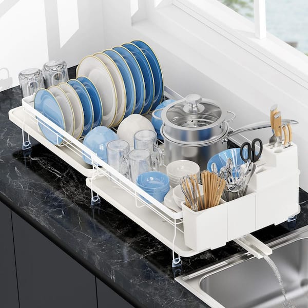 Adjustable Dish Drying Rack, Stainless Steel Expandable Dish Rack with Swivel Spout & Removable Utensil Holder, White