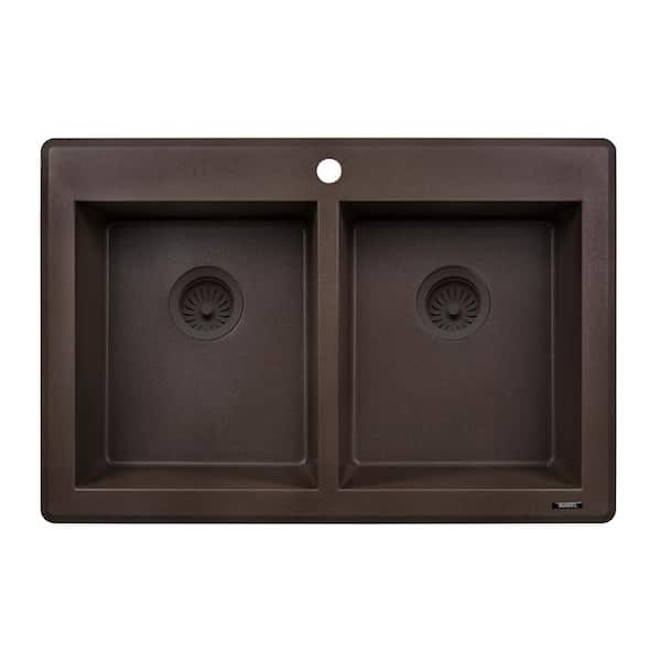 epiGranite 33 in. Drop-in Topmount 50/50 Double Bowl Kitchen Sink in Espresso Brown Granite Composite