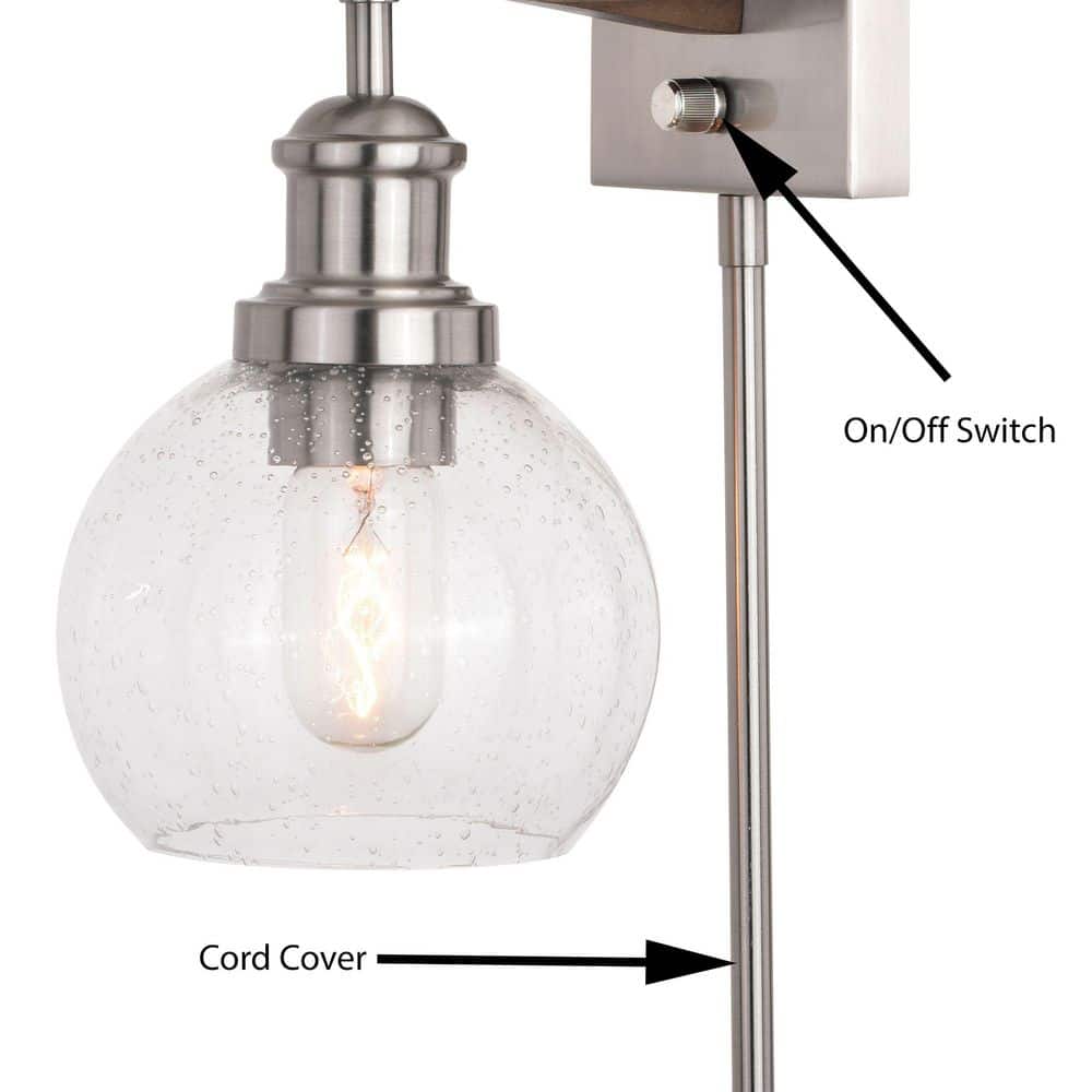 Avondale Rustic Wood & Satin Nickel Dimmable Sconce with Seeded Glass Globe