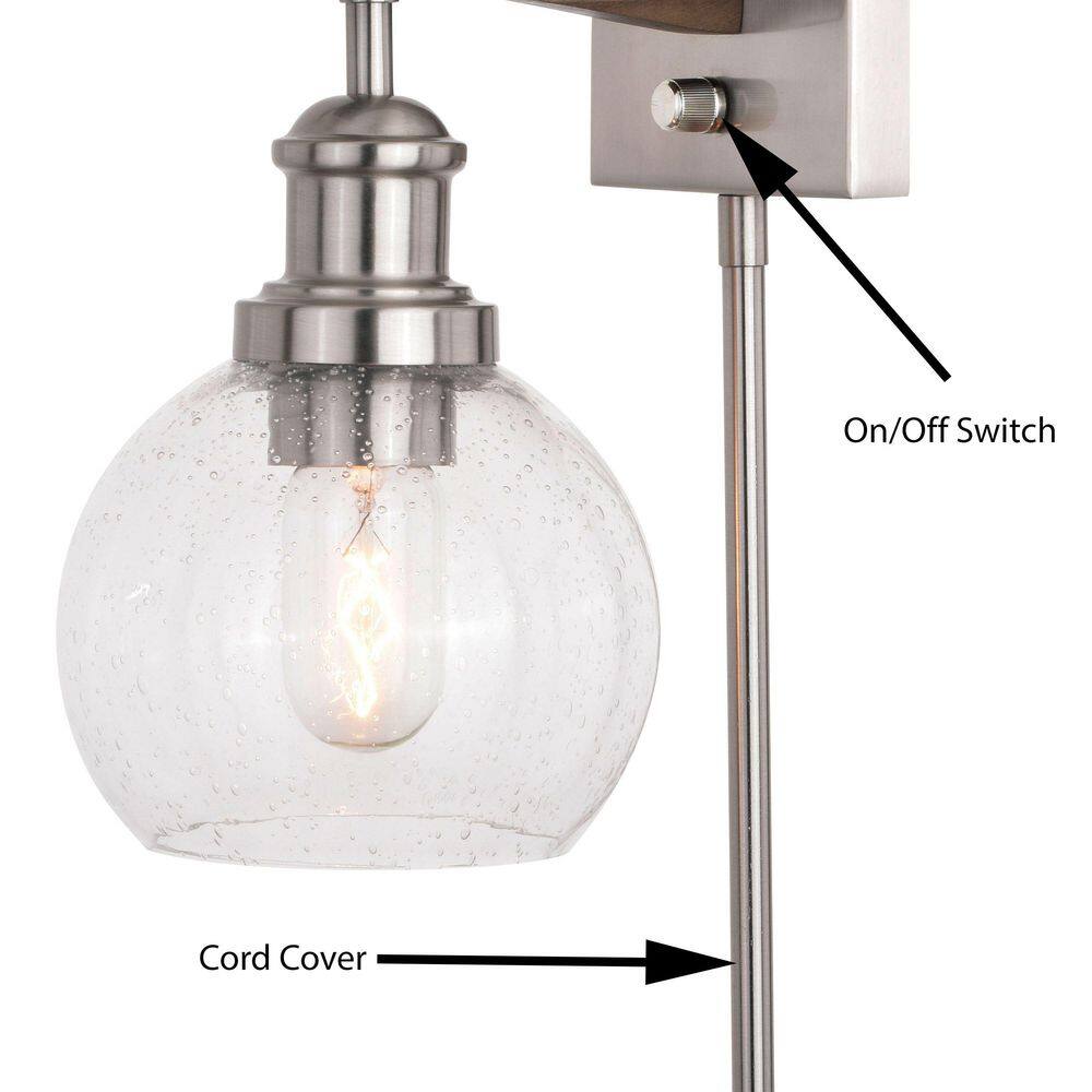 Avondale Rustic Wood & Satin Nickel Dimmable Sconce with Seeded Glass Globe