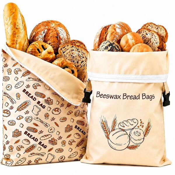 Natural Linen Reusable Bread Bag Set of 2 for Homemade Sourdough with Zipper and Buckle