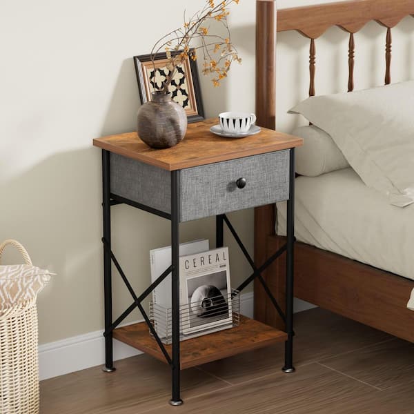 Nightstand with Storage, Bedside Table with Fabric Drawer and  Open Shelf for Small Bedrooms, Black End Table