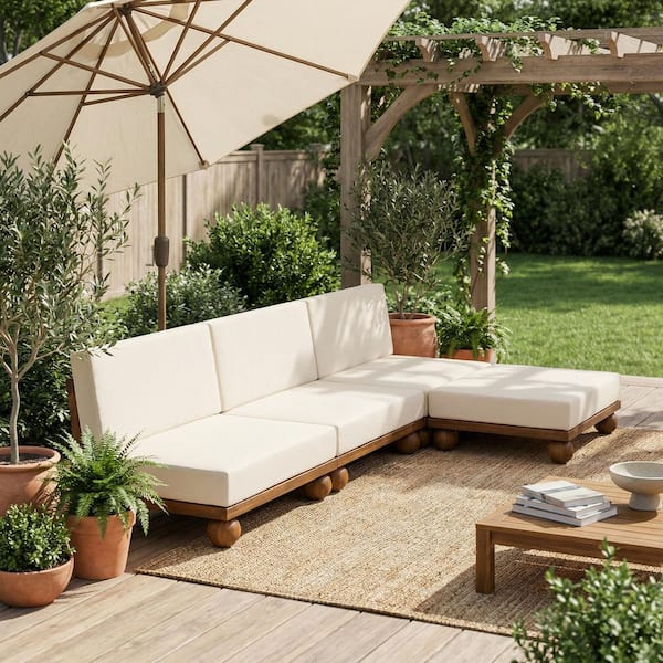 Steffi Modern 4-Piece Solid Wood L-Shape Outdoor Patio Sectional Sofa Set with Ottoman and Beige Cushions, Round Legs