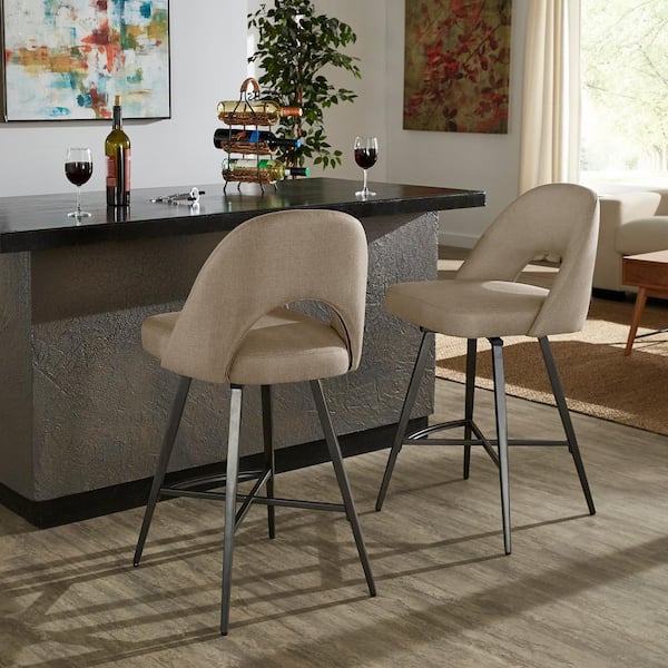 HomeSullivan 38.5 in. Beige Fabric Black Metal Swivel Bar Stools (Set Of 2)