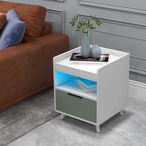 White Nightstand Modern Beside End Table with LED Lights Open Compartment and Drawer