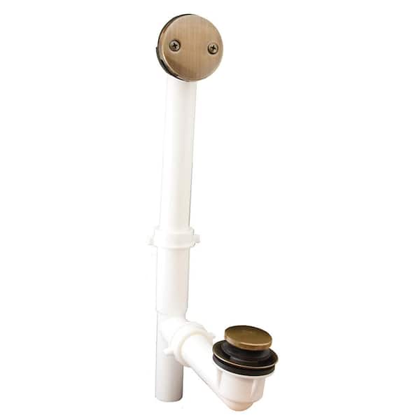 JONES STEPHENS Toe Touch 1-1/2 in. Heavy Walled PVC Tubular 2-Hole Bath Waste and Overflow Tub Drain Full Kit in Antique Brass