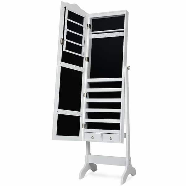 Gymax 63 in. H x 14.5 in. D x 16.5 in. W Mirrored Jewelry Cabinet Armoire Storage Organizer with Drawer and LED Lights White