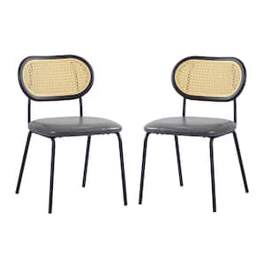 Modern Light Grey PU Faux Leather Upholstered Dining Chairs with Black Metal Legs PP and Rattan Back Set of 2