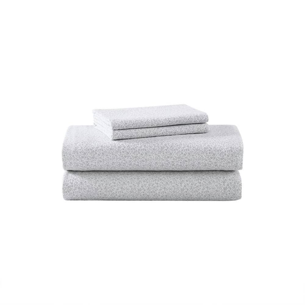 Chelsie Vine Gray Cotton Flannel King Sheet Set with Pillowcases