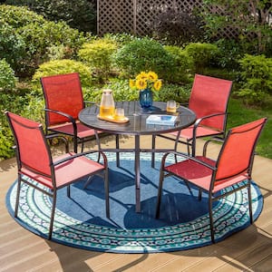 Black 5-Piece Metal Slat Round Table Patio Outdoor Dining Set with Red Textilene Chairs