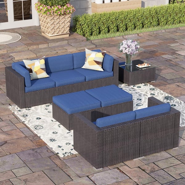PHI VILLA Dark Brown 7 Seat 8-Piece Rattan Wicker Steel Patio Outdoor Sectional Set with Blue Cushions, Coffee Table, 2 Ottomans