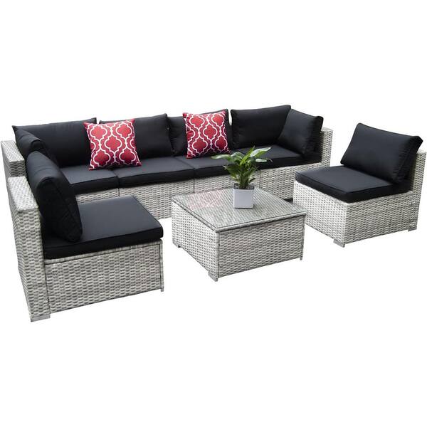 VIWAT 7 Pieces PE Rattan Wicker Outdoor Sectional Furniture with Black Cushions
