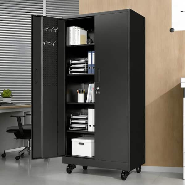 71 in. H Black Tall Steel Garage Storage Cabinet w/Doors Wheels 4
