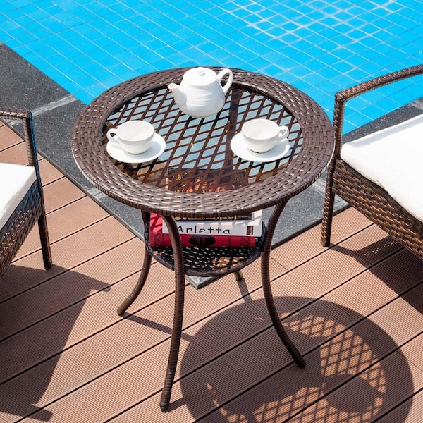 26 in. Dia PE Rattan Outdoor Bistro Table with Tempered Glass Tabletop and Lower Shelf