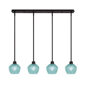 Albany 60-Watt 4-Light Espresso Linear Pendant Light with Turquoise Textured Glass Shades and No Bulbs Included