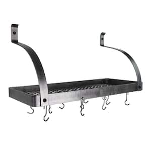 Handcrafted 36 in. Hammered Steel Gourmet Deep Bookshelf Wall Rack with Curved Arm with 12-Hooks