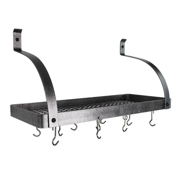 Enclume Handcrafted 36 in. Hammered Steel Gourmet Deep Bookshelf Wall Rack with Curved Arm with 12-Hooks