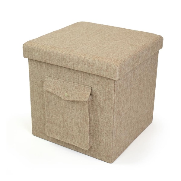 Humble Crew 15 in. x 15 in. x 15 in. Khaki Folding Storage Ottoman Cube with Exterior Multi-Purpose Pocket