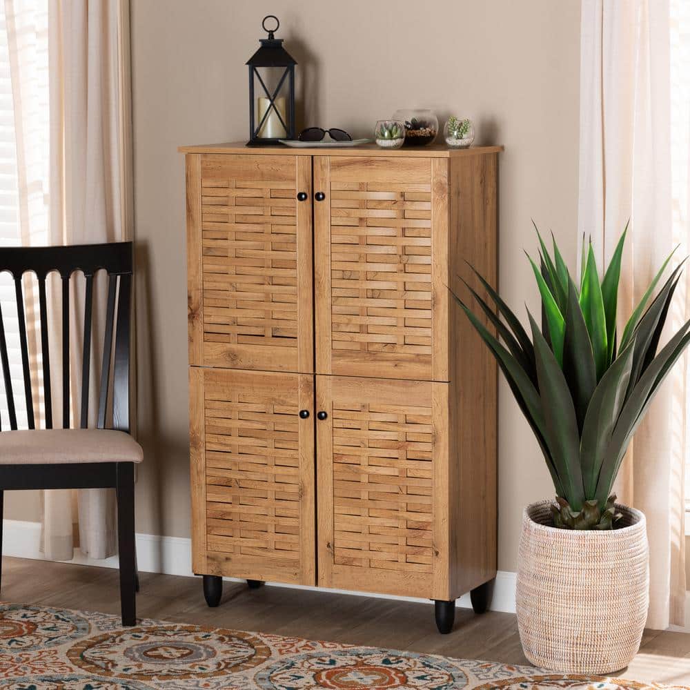 Winda Oak Brown 4-Door Wood Shoe Storage Cabinet