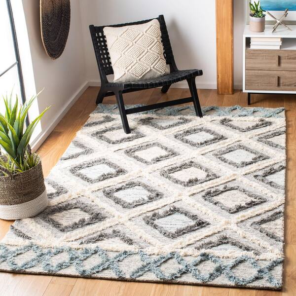 Kenya Ivory/Grey Doormat 3 ft. x 5 ft. High-Low Flokati Trellis Area Rug