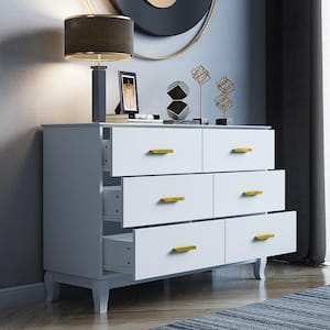 White Wooden Accent Storage Cabinet, Dresser, Chest, Vanity, with 6 Large Drawers, for Bedroom, Livingroom