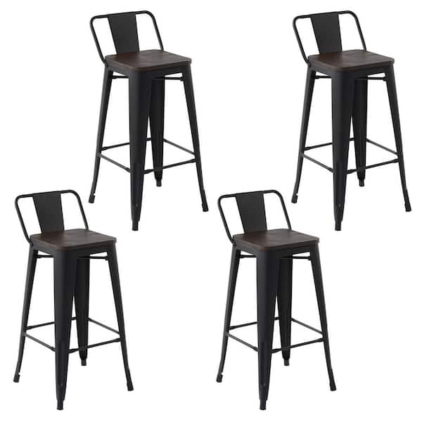 Homy Casa Vustu 36 in. Black Low Back Metal Frame Bar Stool With Solid Wood Seat ( Set of 4)
