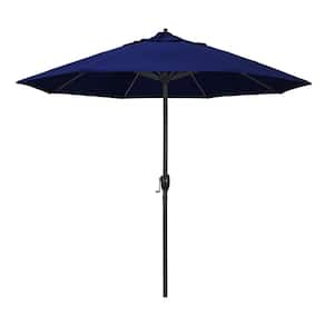 9 ft. Black Aluminum Market Patio Umbrella Auto Tilt in True Blue Sunbrella