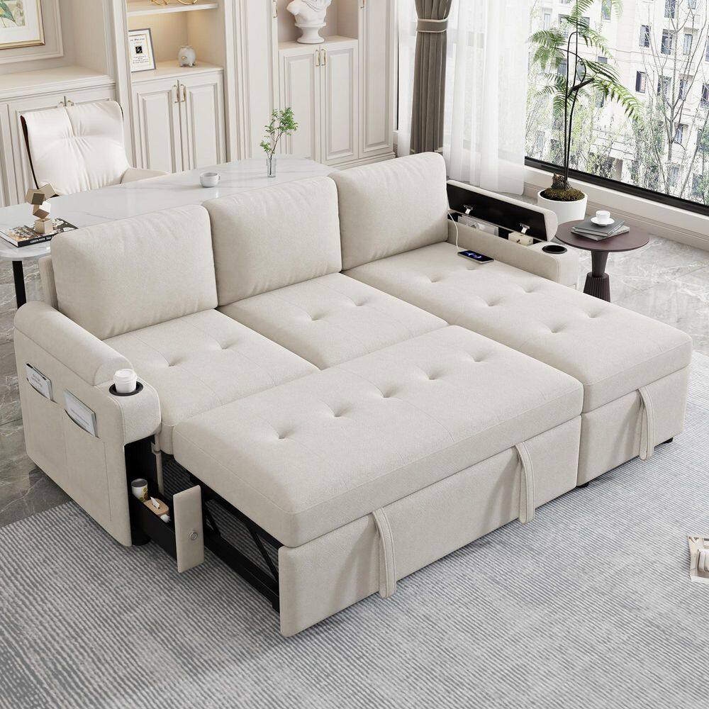 Lunvar 83.5 in. Beige Chenille Upholstered L-Shaped Storage Twin Size Sectional Sofa Bed with Cup Holders, USB Ports price history on PriceWatchPro