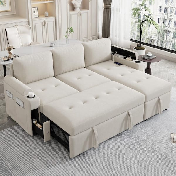 Lunvar 83.5 in. Beige Chenille Upholstered L-Shaped Storage Twin Size Sectional Sofa Bed with Cup Holders, USB Ports