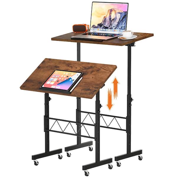 Standing Desk 32 in. Adjustable Height and Tiltable Tabletop Gaming Desk Mobile Computer Table, Brown