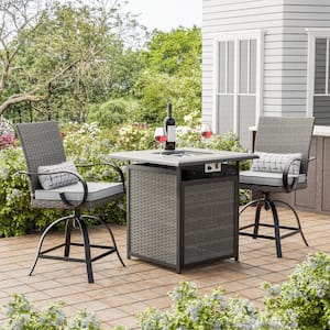 Arosa 3-Piece Steel Counter Height Patio Fire Pit Set With Gray Cushion and 360 Swivel Chairs