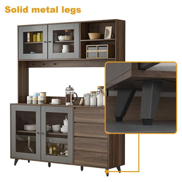 FUFU&GAGA Large Kitchen Pantry Cabinet Buffet with 4-Drawers Hooks Open Shelves and Glass Doors 63 in. W x 15.7 in. D x 76.8 in. H