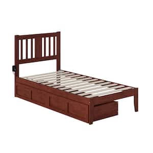 Tahoe Walnut Twin Solid Wood Storage Platform Bed with USB Turbo Charger and 2 Drawers